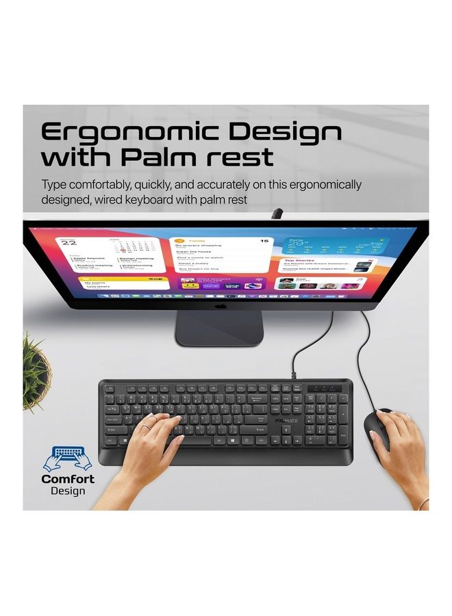 PROMATE - Wired Keyboard and Mouse Combo, Ergonomic Slim Full-Size Quiet Keyboard with 2400 DPI Mouse, Palm Rest, Angled Kickstand and Anti-Slip Silicone Grip for iMac, MacBook Pro, Dell XPS 13 BLACK - Image 1