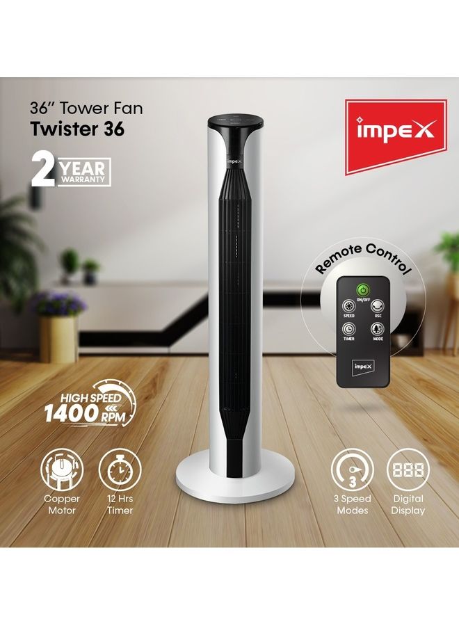 Impex - Tower Fan With Remote Control, Touch Panel, 3 Speed Control, 3 Modes, 12 Hours Timer, 100% Copper Motor And Large Airflow - Sleep Peacefully TWISTER 36 Black And White - Image 1