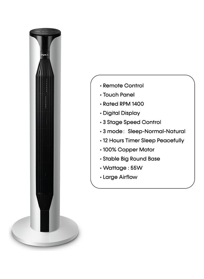 Impex - Tower Fan With Remote Control, Touch Panel, 3 Speed Control, 3 Modes, 12 Hours Timer, 100% Copper Motor And Large Airflow - Sleep Peacefully TWISTER 36 Black And White - Image 1