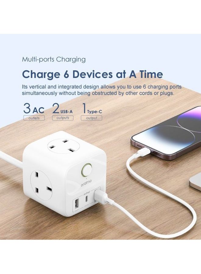 Oraimo PowerHub T Power Extension UK Plug 3 AC Interfaces+3 USB Output 2 Meter White - Image 2