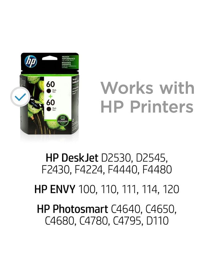 HP - 60 | 2 Ink Cartridges Works with DeskJet D2500 Series, F2430, F4200 Series, F4400 Series, ENVY 100, 110, 111, 114, 120, Photosmart C4600 Series, C4700 Series, D110a | CC640WN Black - Image 1
