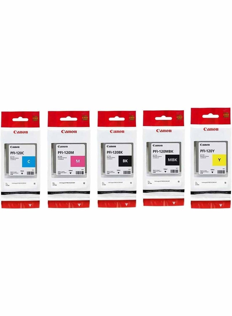 Canon PFI120 Canon Genuine Pfi-120 5 Pack Set of 5 Colors Ink Tanks 1 of Each Pfi120MBK, Pfi120BK , Pfi120C , Pfi120Y , Pfi120M by Canon + InkSAVER Microfiber LCD Screen Cleaning Cloth Black,Cyan, Magenta,Yellow - Image 1