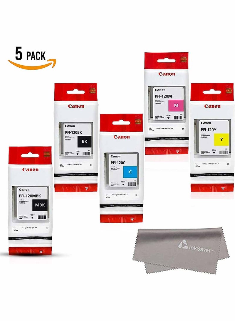 Canon PFI120 Canon Genuine Pfi-120 5 Pack Set of 5 Colors Ink Tanks 1 of Each Pfi120MBK, Pfi120BK , Pfi120C , Pfi120Y , Pfi120M by Canon + InkSAVER Microfiber LCD Screen Cleaning Cloth Black,Cyan, Magenta,Yellow - Image 2