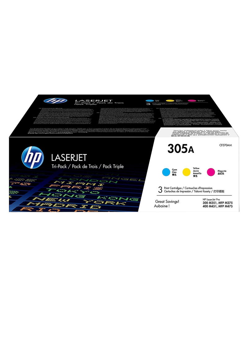 HP 305A 3-pack LaserJet Toner Cartridges Cyan/Magenta/Yellow - Image 1