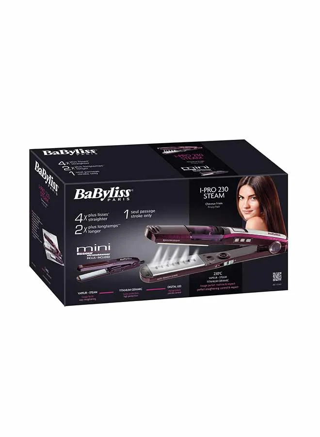 babyliss Hair Steam Straightener, Up To 230°, 5 Heat Settings, Led Display, Titanium Ceramic Coating, Ionic Setting, I Temperature Technology, ST396SDE Purple