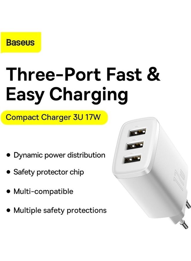 Baseus USB-A Wall Charger, USB Charger Adapter 3-Port 17W for iPhone 14/13/12/11/Pro/Pro Max/Mini, iPad Pro, Samsung Galaxy S21, Google Pixel 6,EU Plug White White  - Image 2