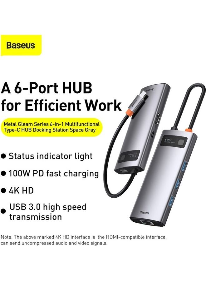 Baseus 6 in 1 Multifunctional USB Type C Hub Type C Power Delivery 100W, HDMI 4K/30Hz, 3x USB 3.2 Gen 1, RJ45 1Gbps for MacBook Pro/Air, Dell XPS, ThinkPad Support Google Chrome OS/macOS/Windows7/8/10 XP/Linux/Vista Grey  - Image 2