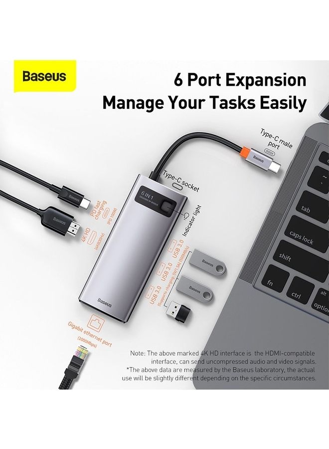 Baseus 6 in 1 Multifunctional USB Type C Hub Type C Power Delivery 100W, HDMI 4K/30Hz, 3x USB 3.2 Gen 1, RJ45 1Gbps for MacBook Pro/Air, Dell XPS, ThinkPad Support Google Chrome OS/macOS/Windows7/8/10 XP/Linux/Vista Grey  - Image 3