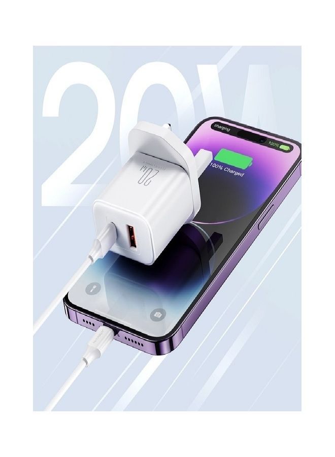 JOYROOM - 20W USB C PD Fast Charger, Dual Port Type-C QC3.0 Wall Adapter UK Plug, Compatible With Iphone 14/13/12 Series, Galaxy, Pixel 4/3, Ipad Pro, AirPods Pro (With Cable) White - Image 1