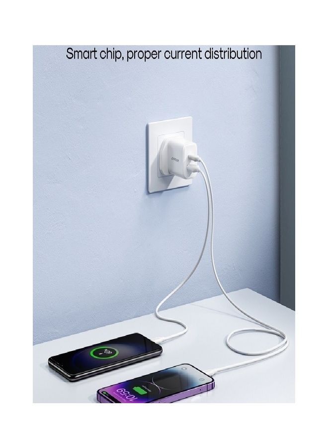 JOYROOM - 20W USB C PD Fast Charger, Dual Port Type-C QC3.0 Wall Adapter UK Plug, Compatible With Iphone 14/13/12 Series, Galaxy, Pixel 4/3, Ipad Pro, AirPods Pro (With Cable) White - Image 1