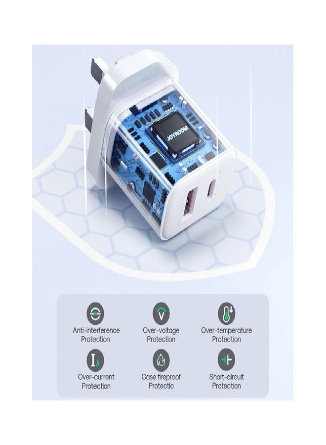 JOYROOM - 20W USB C PD Fast Charger, Dual Port Type-C QC3.0 Wall Adapter UK Plug, Compatible With Iphone 14/13/12 Series, Galaxy, Pixel 4/3, Ipad Pro, AirPods Pro (With Cable) White - Image 1