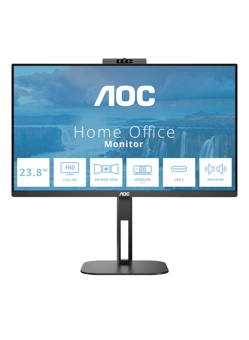 AOC 24 inch IPS Full HD Monitor, 2MP Webcam, Dual HDMI, Display Port, USB C, Height adjustable, 5W Speakers, 75Hz, Vesa Mount, Black, 24V5CW Black  - Image 1