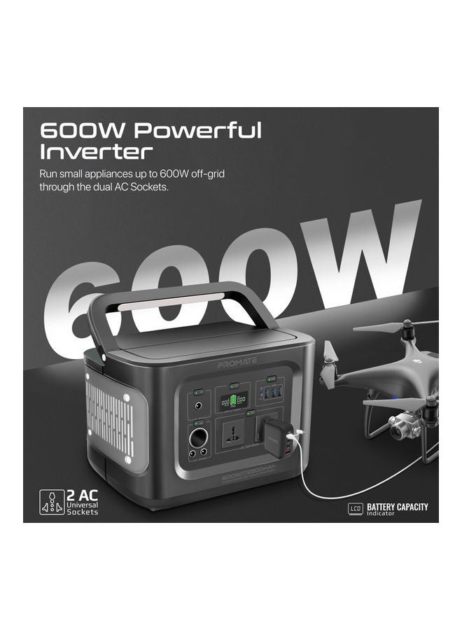 PROMATE 600W Portable Power Station With 2 AC Sockets, Dual 133W DC Outlets, Socket, 100W USB-C PD Port, 3 USB-A 36W Ports And LED Light Black  - Image 3