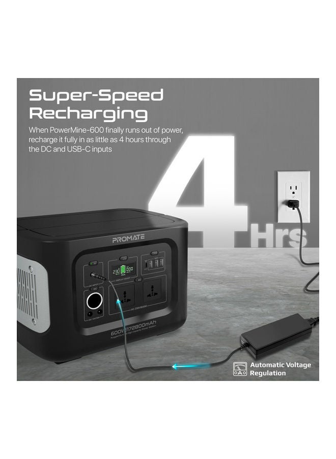PROMATE - 600W Portable Power Station With 2 AC Sockets, Dual 133W DC Outlets, Socket, 100W USB-C PD Port, 3 USB-A 36W Ports And LED Light Black - Image 1