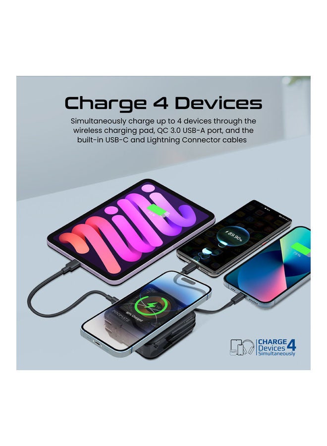 10000 mAh Power Bank With Built-In Cables, 10000 Mah Transparent Wall Charger, 22.5W USB-C Delivery Cable, 20W Lightning Cord, QC 3.0 Port And Phone Stand Black