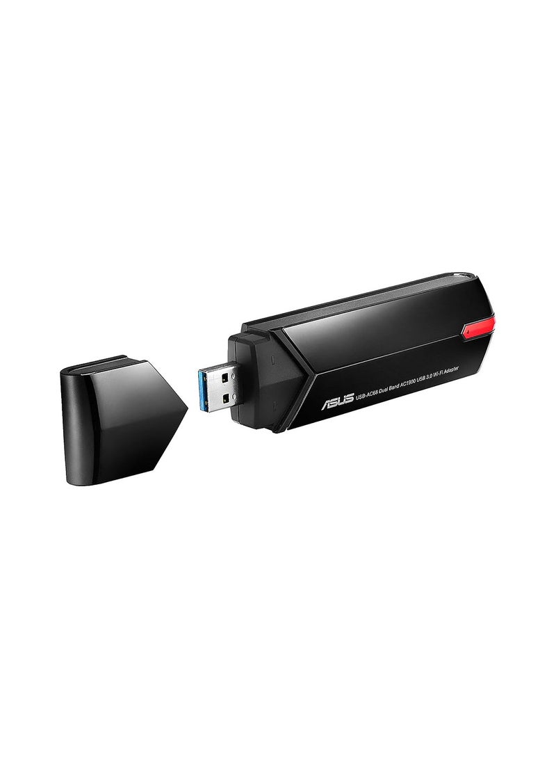 ASUS - USB-AC68 Dual-Band AC1900 USB Wi-Fi Adapter with 3x4 MIMO design, dual external antennas, ASUS AiRadar beamforming for enhanced reception, USB 3.0 for 10x faster data transfer speeds, and a flexible cradle for optimal antenna positioning. Supports high-speed 2.4GHz and 5GHz bands, ideal for smooth HD streaming, gaming, and high-speed internet access | 90IG0230-BM0N00 Black - Image 1