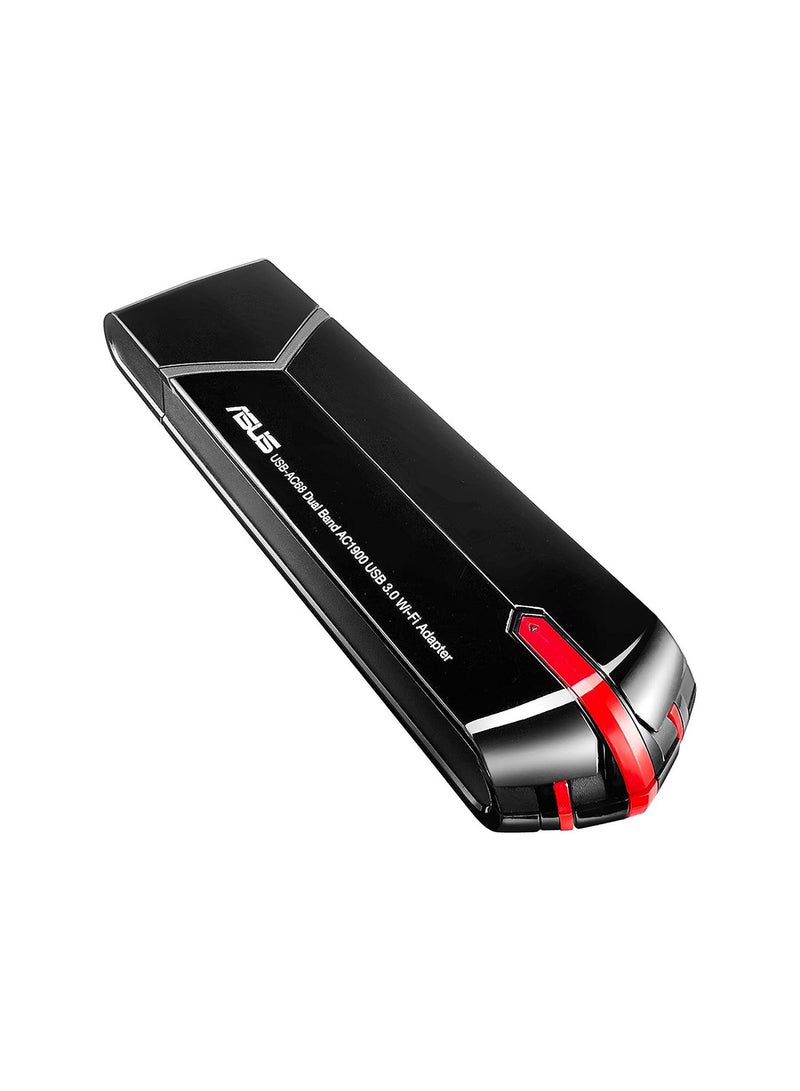 ASUS - USB-AC68 Dual-Band AC1900 USB Wi-Fi Adapter with 3x4 MIMO design, dual external antennas, ASUS AiRadar beamforming for enhanced reception, USB 3.0 for 10x faster data transfer speeds, and a flexible cradle for optimal antenna positioning. Supports high-speed 2.4GHz and 5GHz bands, ideal for smooth HD streaming, gaming, and high-speed internet access | 90IG0230-BM0N00 Black - Image 1