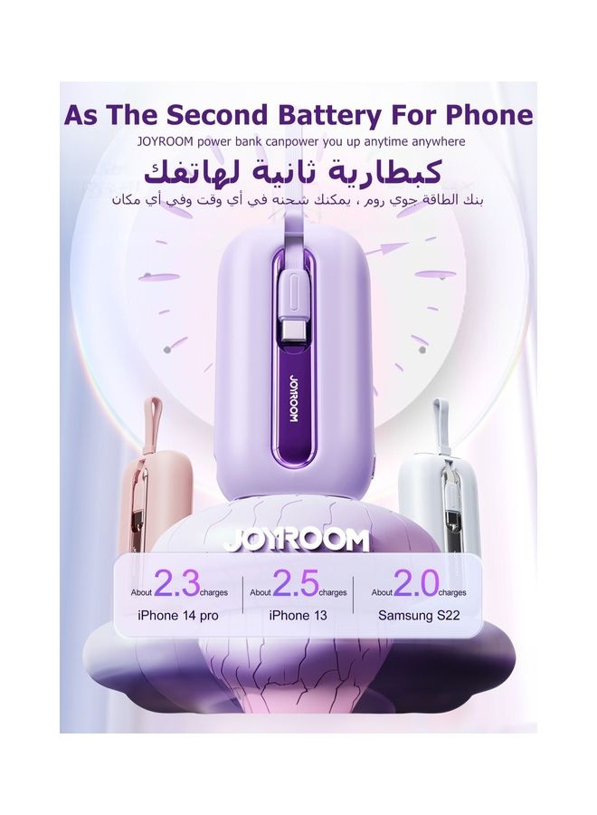 JOYROOM 10000.0 mAh 10000mAh 12W Self Contained Cable Portable Mini Power Bank With Type-C And Lightning Output Cable Purple - Image 5