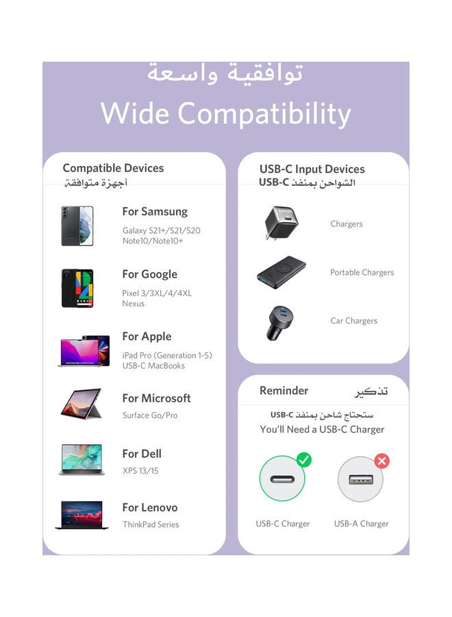 كابل تدفق PowerLine III لأجهزة USB-C، 1.8 متر، 100 واط USB-C إلى USB-C للأجهزة ذات منفذ USB-C