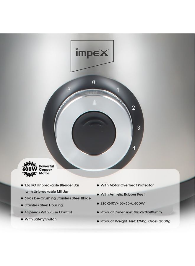 Impex - 2 In 1 Powerful Blender With Unbreakable Blender Jar And Grinding Jar/Ice-Crushing 1.6 L 600 W BL 3508 Grey - Image 1