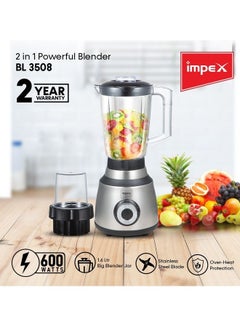 Impex 2 In 1 Powerful Blender With Unbreakable Blender Jar And Grinding Jar/Ice-Crushing 1.6 L 600 W BL 3508 Grey  - Image 2