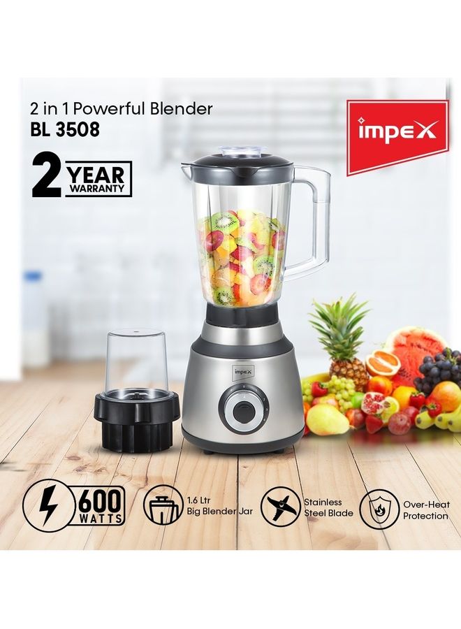Impex - 2 In 1 Powerful Blender With Unbreakable Blender Jar And Grinding Jar/Ice-Crushing 1.6 L 600 W BL 3508 Grey - Image 1