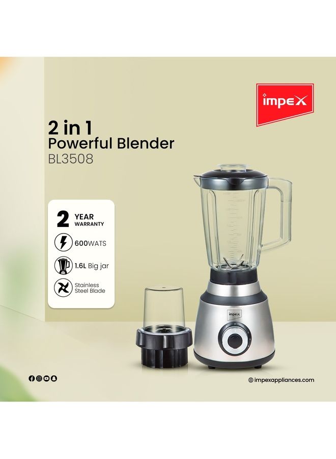 Impex - 2 In 1 Powerful Blender With Unbreakable Blender Jar And Grinding Jar/Ice-Crushing 1.6 L 600 W BL 3508 Grey - Image 1
