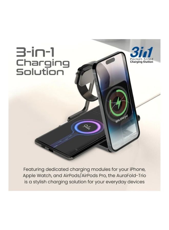 PROMATE - 10000 mAh Wireless Charger, Transparent MagSafe 15W Charging Station With 3W Apple Watch Charger, 5W AirPods Pro Charger And Ultra-Slim Foldable Structure For Apple iPhone, Smart Watch And AirPods, AuraFold-Trio Black - Image 1