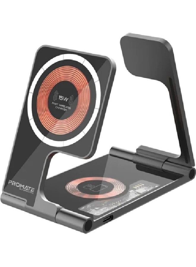 PROMATE - 10000 mAh Wireless Charger, Transparent MagSafe 15W Charging Station With 3W Apple Watch Charger, 5W AirPods Pro Charger And Ultra-Slim Foldable Structure For Apple iPhone, Smart Watch And AirPods, AuraFold-Trio Black - Image 1