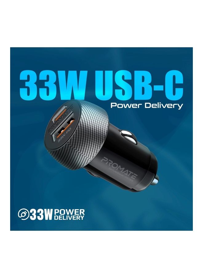 PROMATE - USB-C Car Charger, Ultra-Compact Dual Port Adapter With Super-Fast 33W USB Type-C Power Delivery Port And High-Speed 18W Qualcomm QC 3.0 USB Port, For iPhone 14, iPad Air Black - Image 1