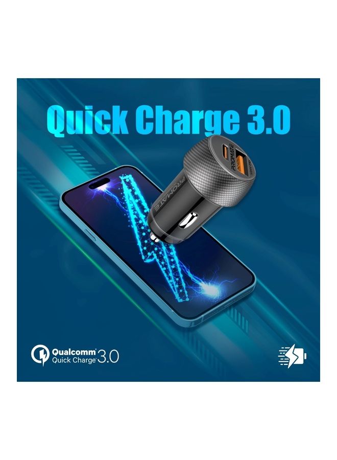 PROMATE - USB-C Car Charger, Ultra-Compact Dual Port Adapter With Super-Fast 33W USB Type-C Power Delivery Port And High-Speed 18W Qualcomm QC 3.0 USB Port, For iPhone 14, iPad Air Black - Image 1