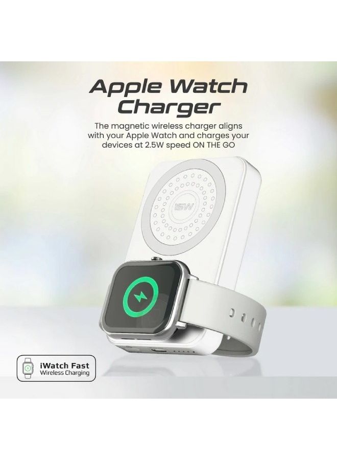 PROMATE - 10000.0 mAh SuperCharge MagSafe Compatible And Apple Watch Wireless Charging Power Bank PowerMag Trio White - Image 1