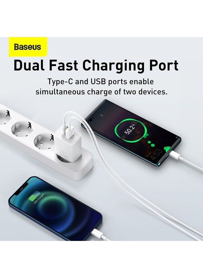 Baseus - iPhone Charger 20W USB C PD Fast Charger, Dual Port Type-C Wall Adapter EU Plug, for iPhone15/15 Pro Max/15 Pro/15 Plus/14/13/12/11, Galaxy, Pixel 4/3, iPad Pro, AirPods Pro, and More White White - Image 1