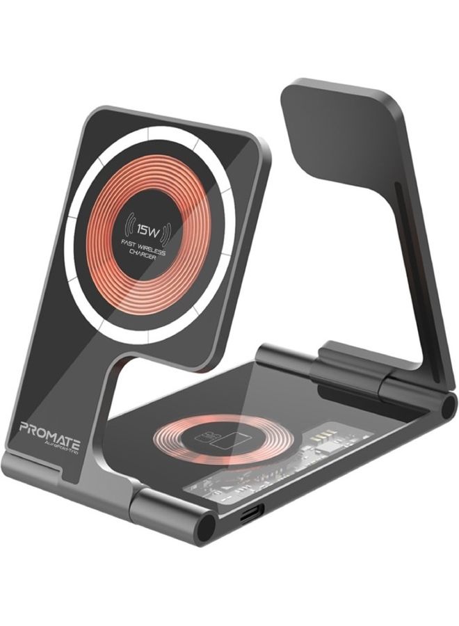 PROMATE - iPhone 16 charger,3-In-1 Ultra-Slim Transparent Foldable Charging Dock With 15W MagSafe Compatible 3W Apple Watch And 5W AirPods Pro Charger , Apple Watch 8 - Black - Image 1