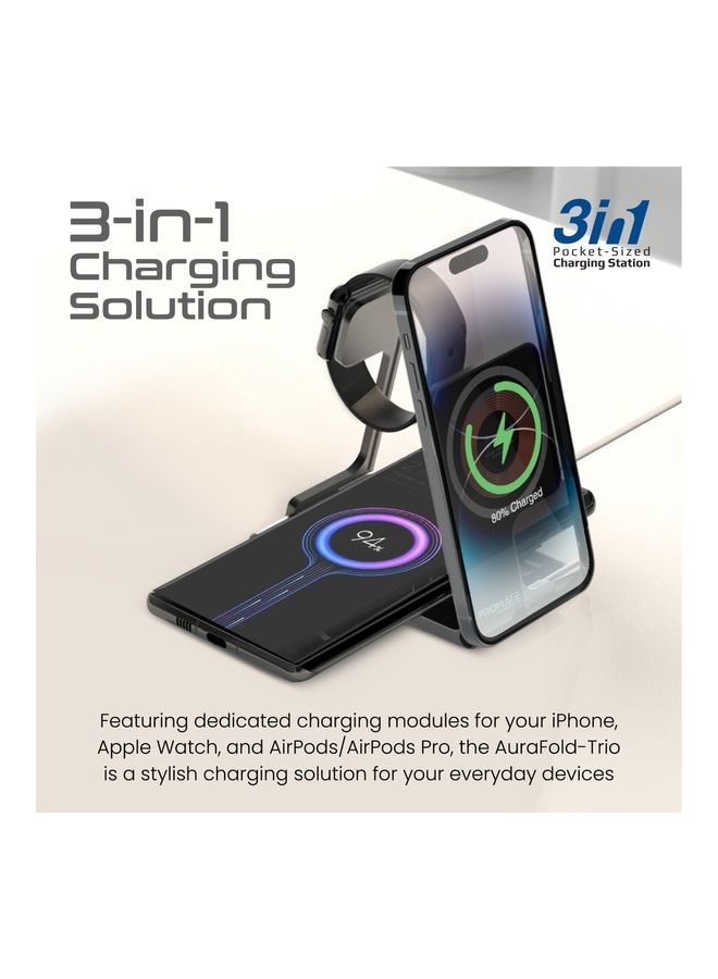 PROMATE - iPhone 16 charger,3-In-1 Ultra-Slim Transparent Foldable Charging Dock With 15W MagSafe Compatible 3W Apple Watch And 5W AirPods Pro Charger , Apple Watch 8 - Black - Image 1