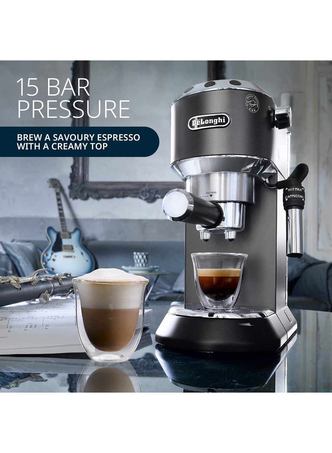 Dedica Pump Espresso Manual Coffee Machine | Cappuccino, Latte Macchiato With Milk Frother | Thermo Block Heating System For Accurate Temperature | Easy To Clean | 1.1 L 1450 W EC685.BK Black/Silver - https://f.nooncdn.com/p/v1691658572/N36746397A_11.jpg?width=original