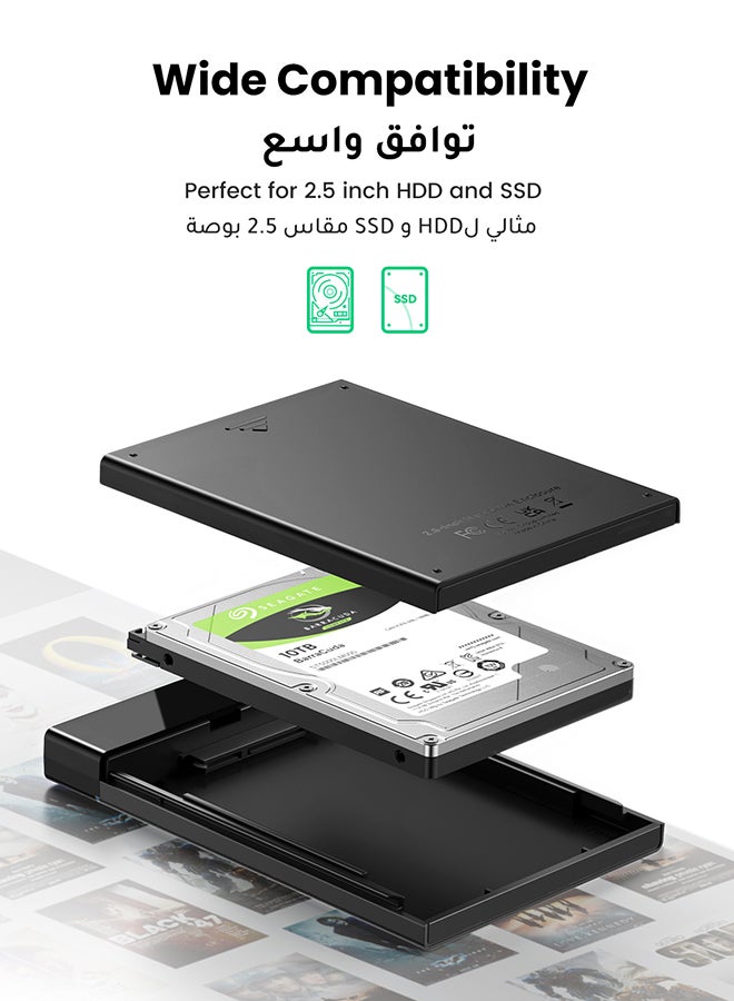 Ugreen - Hard Drive Enclosure USB C 3.1 Gen 2 External Hard Disk Case  to SATA SDD Cover Adapter for 9.5mm 7mm 2.5 Inch SATA I II III PS4 HDD SSD 6Gbps Fast Speed UASP Black - Image 1
