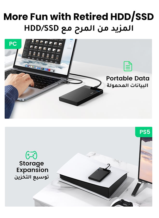 علبة محرك أقراص صلبة خارجي بمنفذ USB C 3.1 الجيل الثاني ومحول إلى محرك أقراص SSD بمنفذ ساتا متوافق مع  بلايستيشن 4 ومحرك أقراص HDD ومحرك أقراص SSD ومنفذ ساتا I II III مقاس 9.5 مم و7 مم و2.5 بوصة بسرعة عالية 6 جيجابت في الثانية معززة ببروتوكول UASP أسود - v1691672028/N41896438A_7