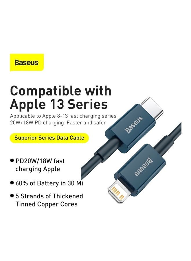Baseus - USB C to Lightning Fast Charging Data Cable PD 20W Superior Series Type C for Apple iPhone 14 Pro Max /Plus/13/12/11 Pro Max Mini XS X 8 7 6 5 SE iPad and More Blue - Image 1
