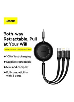 بيسوس شاحن هاتف قابل للسحب 3 في 1 USB C إلى USB C بقوة 100 وات، سلك شحن متعدد مع نوع C/Micro USB/iP لهاتف iPhone 15 Pro/iPhone 15 Pro Max وiPad Pro وMacBook Pro وSamsung S23 S22 S21 1.1M أسود  - Image 2