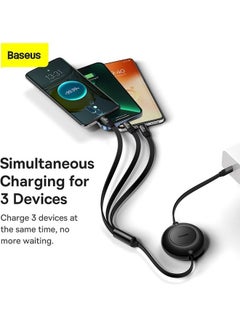 بيسوس شاحن هاتف قابل للسحب 3 في 1 USB C إلى USB C بقوة 100 وات، سلك شحن متعدد مع نوع C/Micro USB/iP لهاتف iPhone 15 Pro/iPhone 15 Pro Max وiPad Pro وMacBook Pro وSamsung S23 S22 S21 1.1M أسود  - Image 4