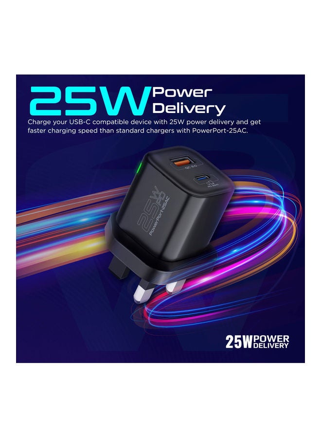 شاحن تيار متردد، شاحن جداري مزدوج المنفذ بقدرة 25 وات من النوع C مع منفذ USB كوالكوم QC 3.0 بقدرة 18 وات، وشحن سريع متكيف وحماية من زيادة التيار