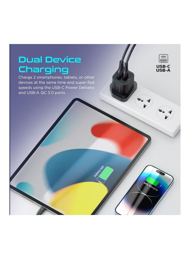 شاحن تيار متردد، شاحن جداري مزدوج المنفذ بقدرة 25 وات من النوع C مع منفذ USB كوالكوم QC 3.0 بقدرة 18 وات، وشحن سريع متكيف وحماية من زيادة التيار