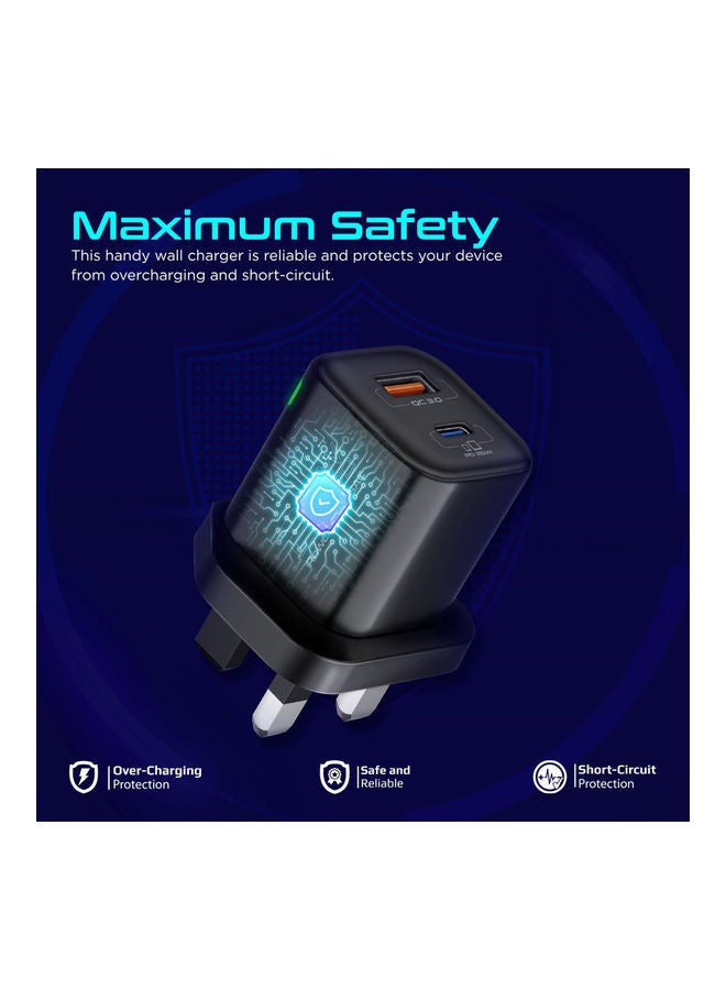 شاحن تيار متردد، شاحن جداري مزدوج المنفذ بقدرة 25 وات من النوع C مع منفذ USB كوالكوم QC 3.0 بقدرة 18 وات، وشحن سريع متكيف وحماية من زيادة التيار