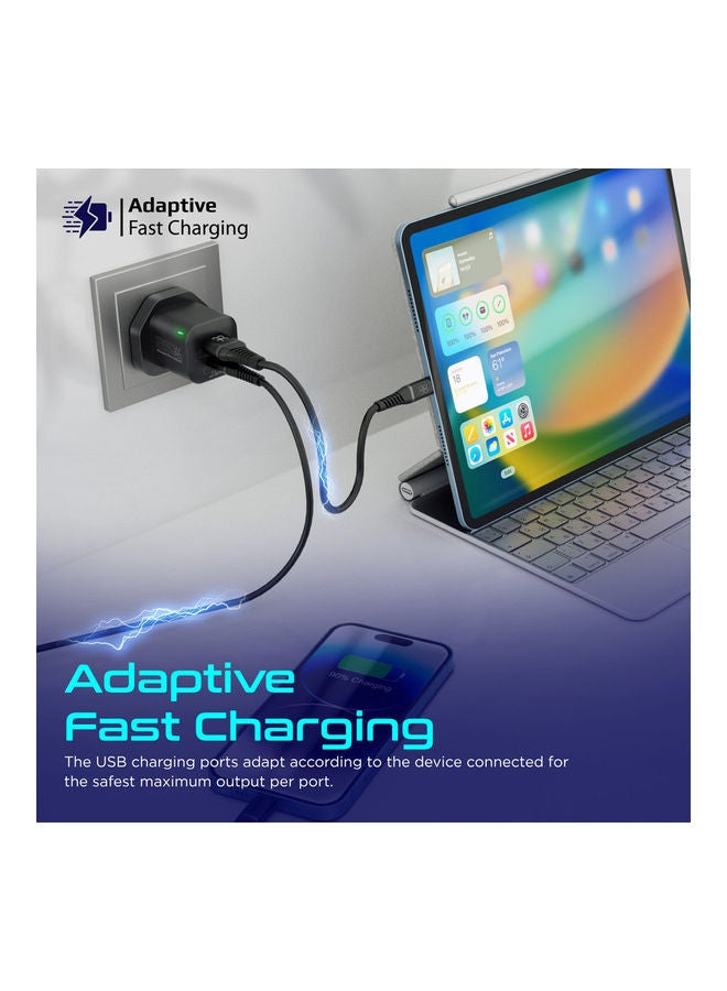 شاحن تيار متردد، شاحن جداري مزدوج المنفذ بقدرة 25 وات من النوع C مع منفذ USB كوالكوم QC 3.0 بقدرة 18 وات، وشحن سريع متكيف وحماية من زيادة التيار