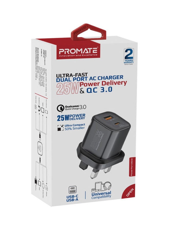 شاحن تيار متردد، شاحن جداري مزدوج المنفذ بقدرة 25 وات من النوع C مع منفذ USB كوالكوم QC 3.0 بقدرة 18 وات، وشحن سريع متكيف وحماية من زيادة التيار