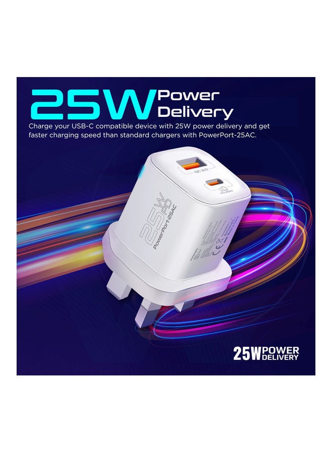 AC Charger, Premium 25W Type-C Power Delivery Dual Port Wall Charger With 18W Qualcomm QC 3.0 USB Port, Adaptive Fast Charging And Surge Protection White - v1692005677/N53428490A_2