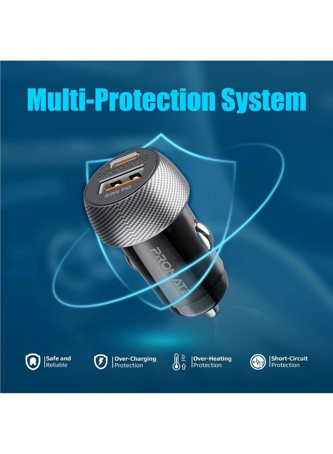 PROMATE - USB-C Car Charger, Ultra-Compact Dual Port Car Adapter With Super-Fast 33W USB Type-C Power Delivery Port And High-Speed 18W Qualcomm QC 3.0 USB Port Black - Image 1