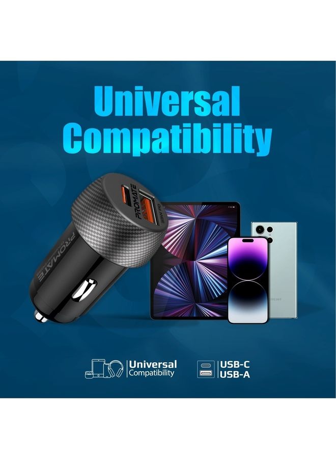 PROMATE - USB-C Car Charger, Ultra-Compact Dual Port Car Adapter With Super-Fast 33W USB Type-C Power Delivery Port And High-Speed 18W Qualcomm QC 3.0 USB Port Black - Image 1