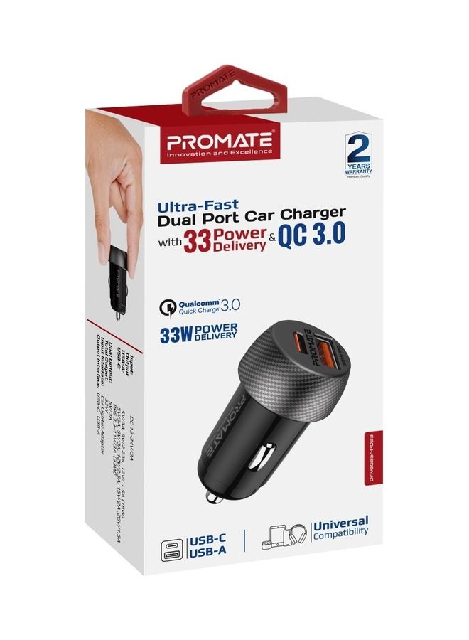 PROMATE - USB-C Car Charger, Ultra-Compact Dual Port Car Adapter With Super-Fast 33W USB Type-C Power Delivery Port And High-Speed 18W Qualcomm QC 3.0 USB Port Black - Image 1